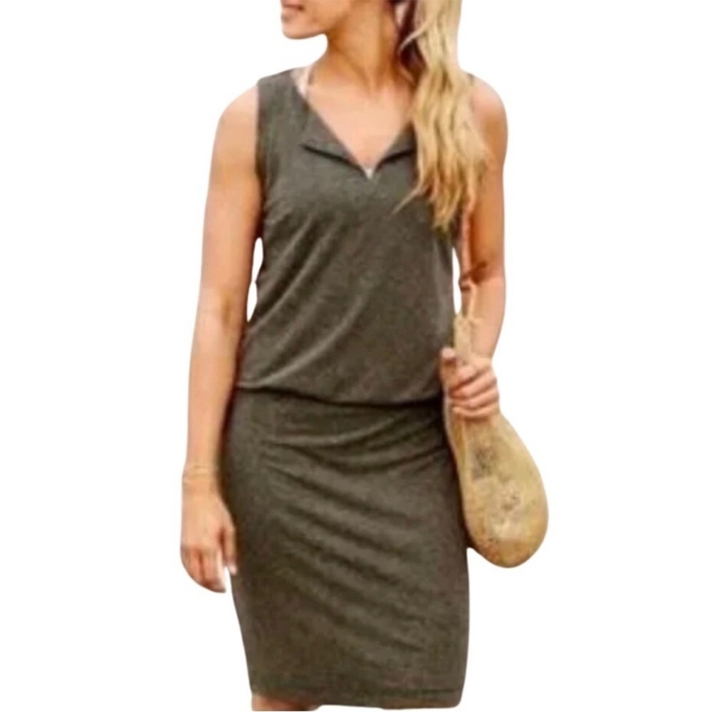 Athleta Vida Sleeveless Dress in Heather Green women’s xs linen blend color neck